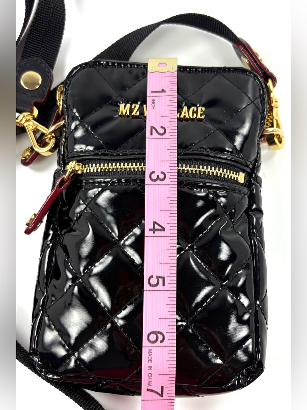 MZ Wallace Micro Crosby Patent Phone Crossbody Black Gold Hardware - Picture 13 of 16